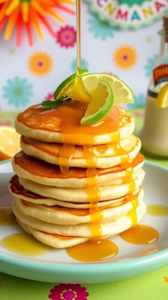 Fluffy margarita pancakes topped with tequila syrup and lime on a festive table.